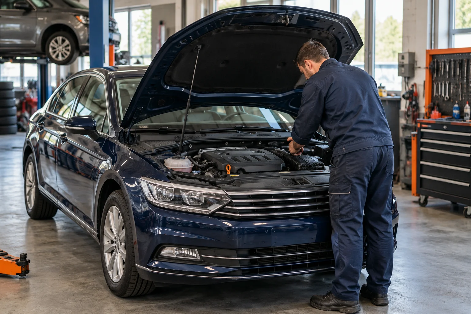 Illustratives Werkstattmotiv: Ein Mechaniker prüft den Motor eines Autos.